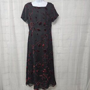 Vintage Coldwater Creek Black Red Velour Flocked Floral Maxi Dress Shift Goth S